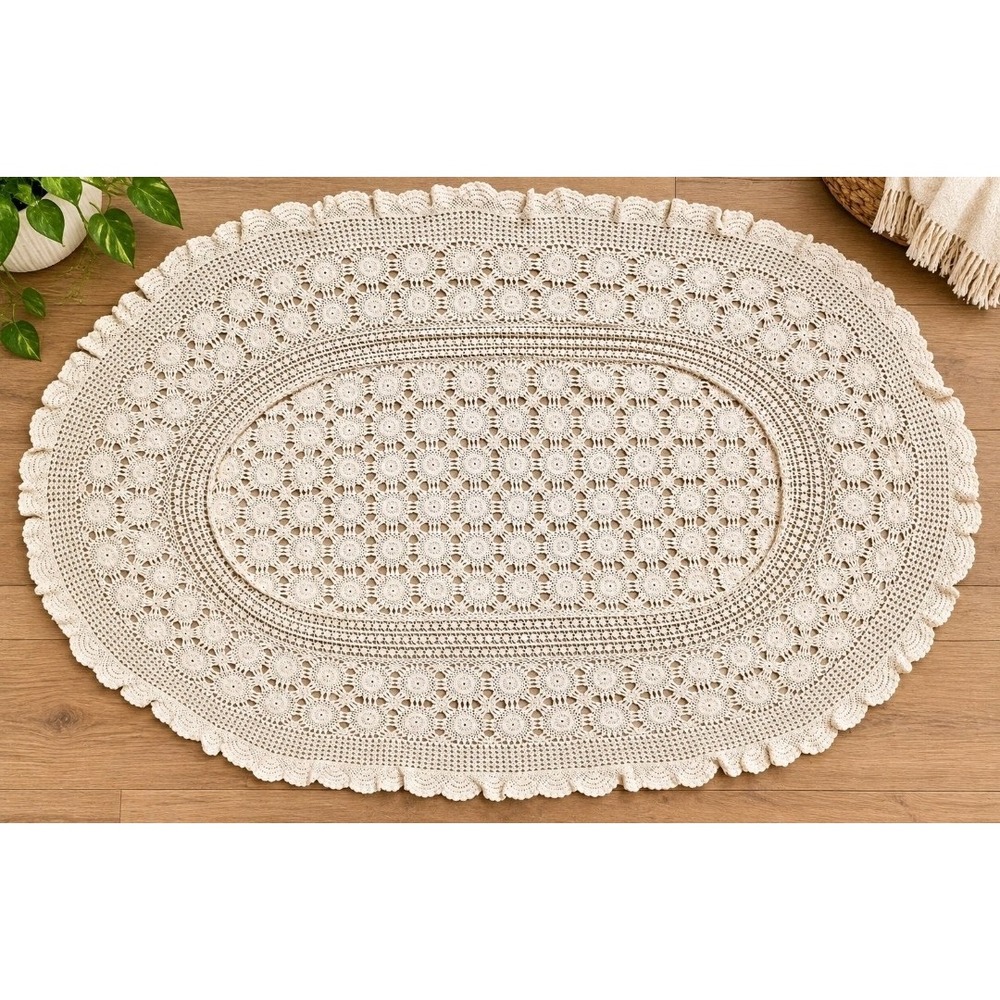 Vtg Handmade Crochet Lace Tablecloth Cream Cotton Oval Ruffle Scalloped 90x63